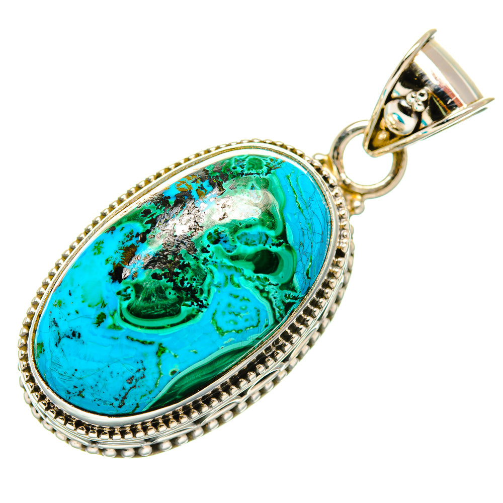 Oval turquoise-blue and green malachite chrysocolla pendant in sterling silver bezel