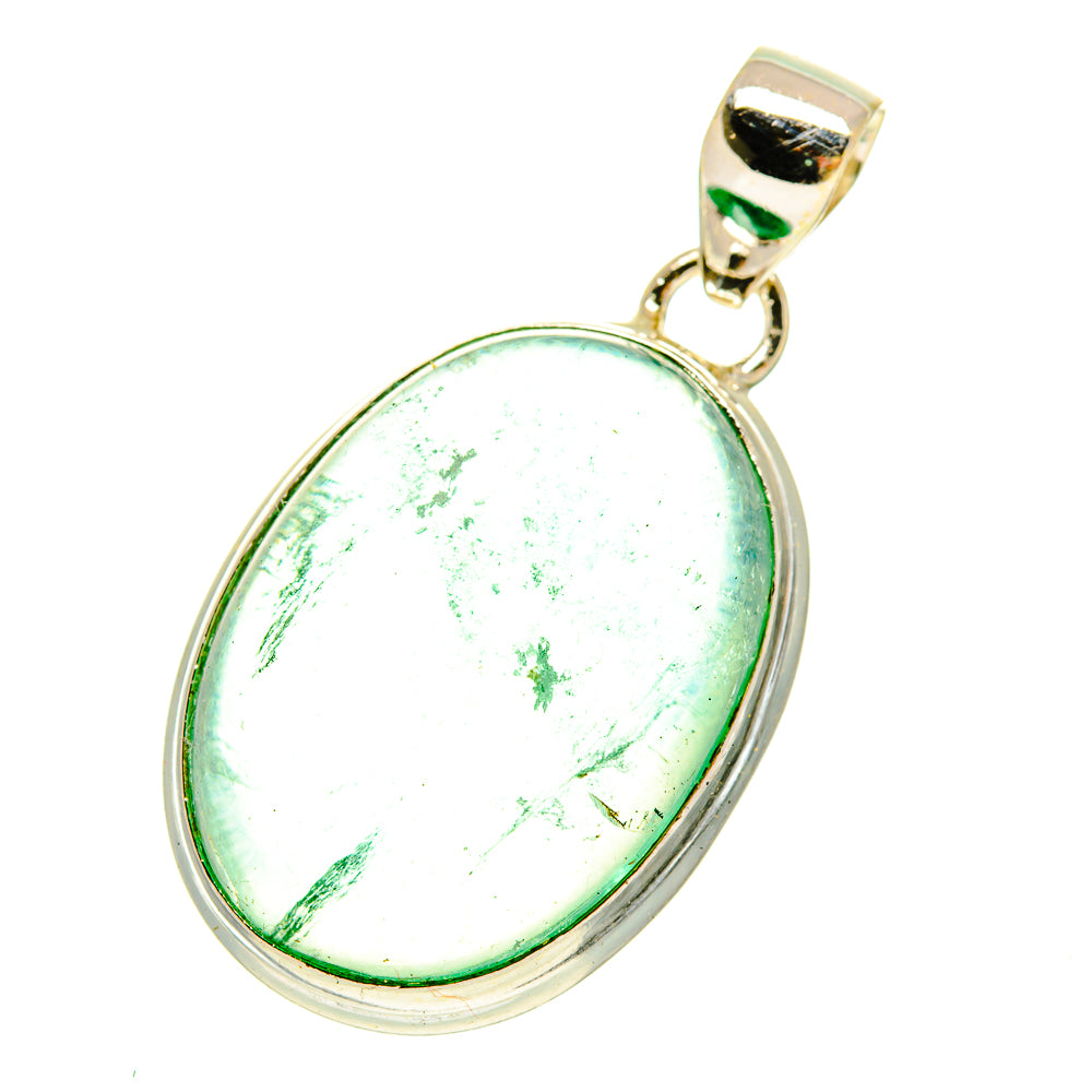Green fluorite oval pendant in 925 sterling silver bezel, with loop bail