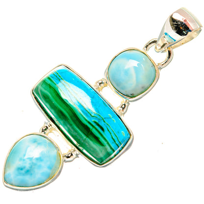 Sterling silver pendant with two blue oval stones and a green striped rectangular center