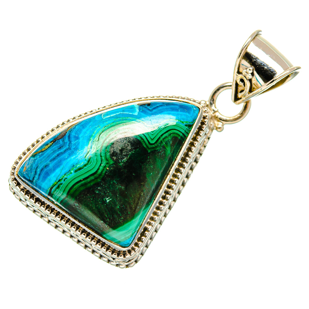 Malachite and chrysocolla pendant in ornate 925 sterling silver bezel setting
