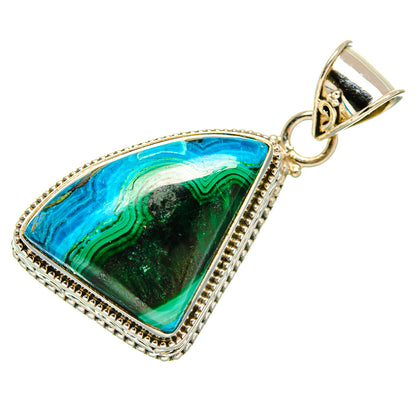 Malachite and chrysocolla pendant in ornate 925 sterling silver bezel setting