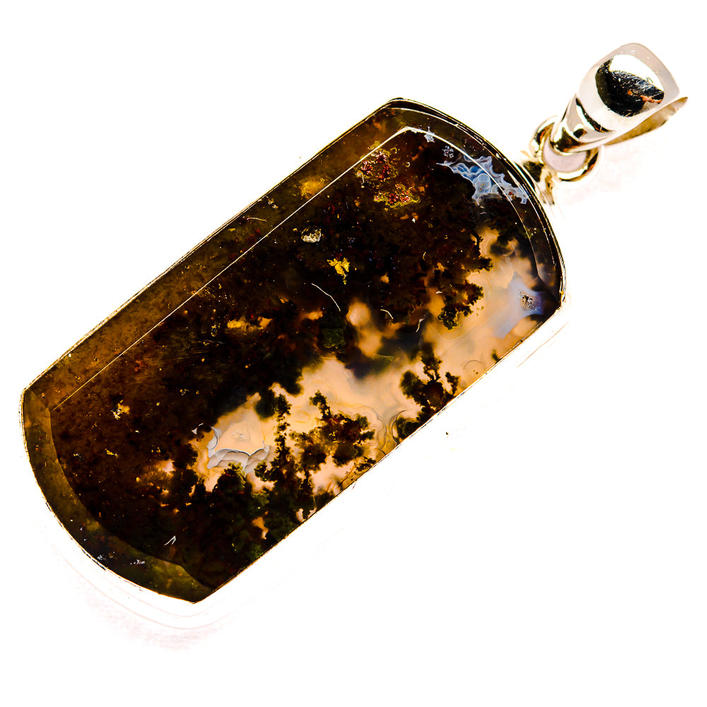 925 sterling silver plume agate pendant, elongated rectangle, gold-brown mottled stone, bail