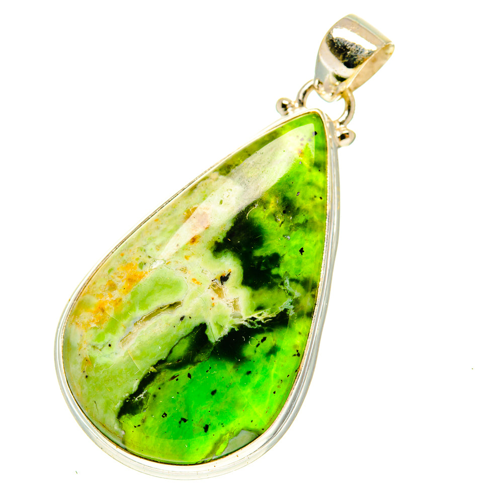 Green opal teardrop pendant in 925 sterling silver with top bail and bezel setting