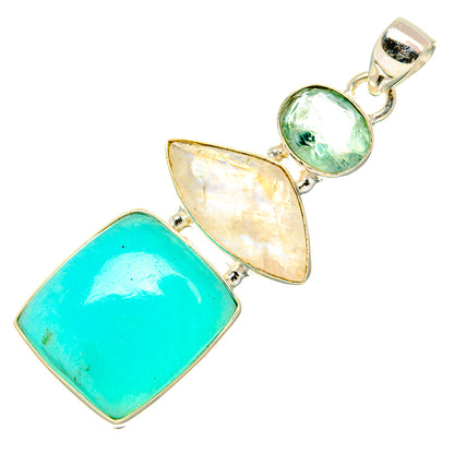 Layered 925 silver pendant with turquoise rectangle, opal-like shield, green round stone