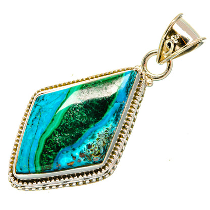 Chrysocolla and malachite teardrop pendant in 925 sterling silver with blue-green stone