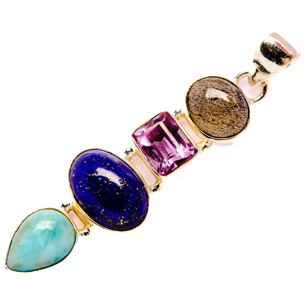 Sterling silver gemstone pendant with lapis blue, amethyst purple, teal, and labradorite brown stones