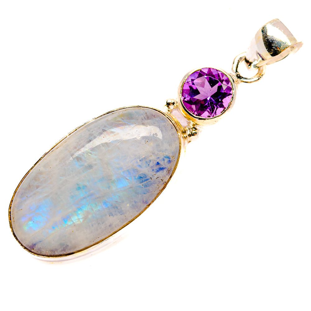 925 sterling silver pendant with oval rainbow moonstone and round amethyst accent