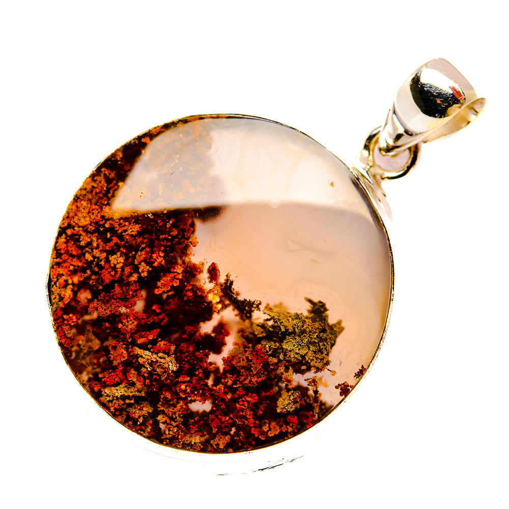 Round plume agate pendant in polished sterling silver, orange mineral inclusions on white stone
