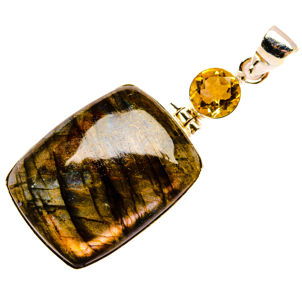 Rectangular labradorite pendant with round citrine accent on sterling silver bail