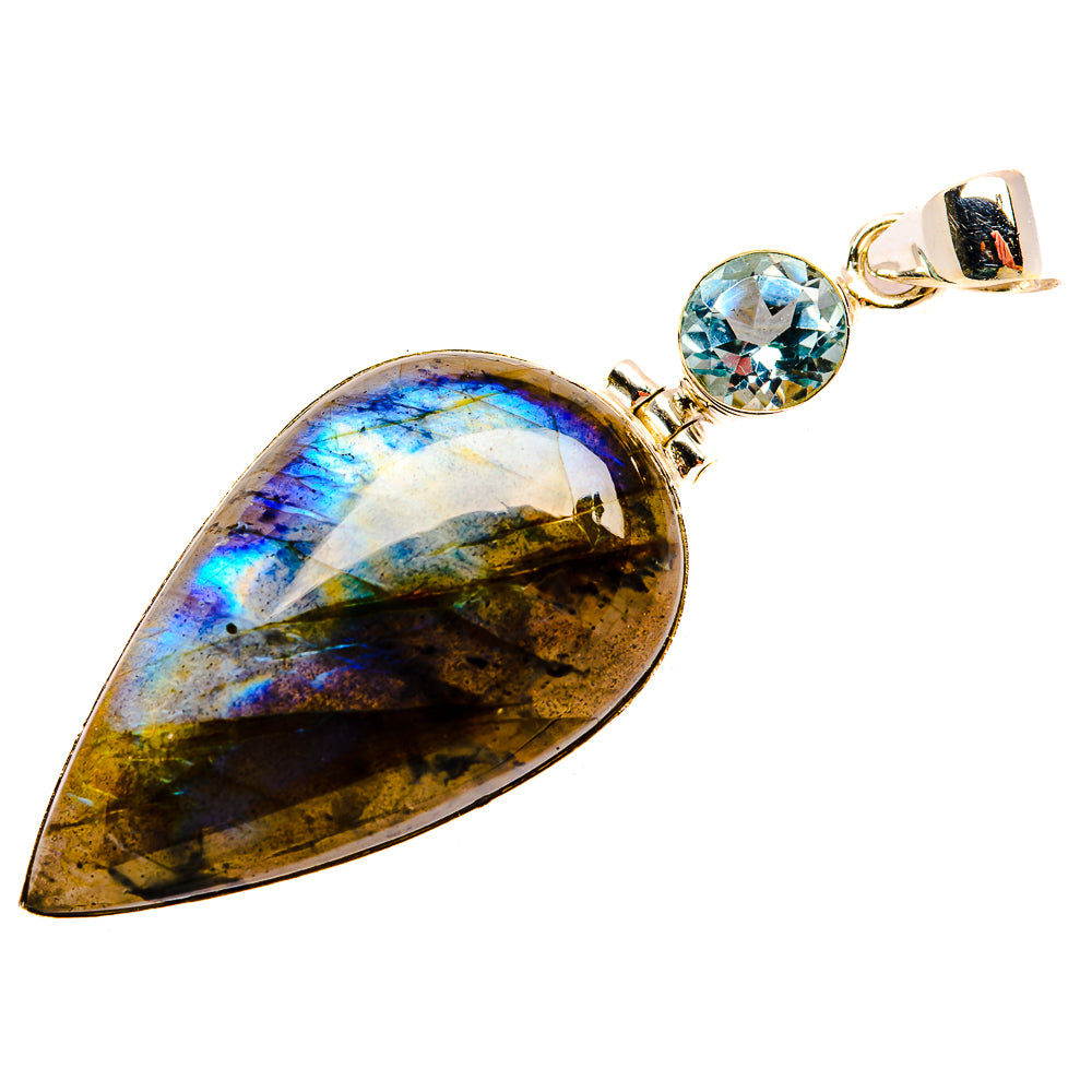 Teardrop labradorite pendant with round blue topaz stone and silver bail