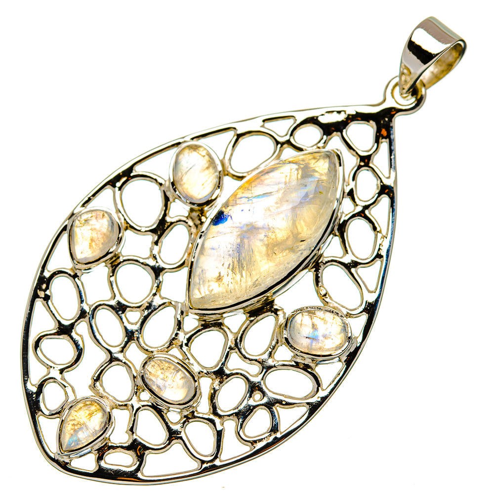 925 sterling silver moonstone pendant with oval opal-like stones in openwork teardrop frame