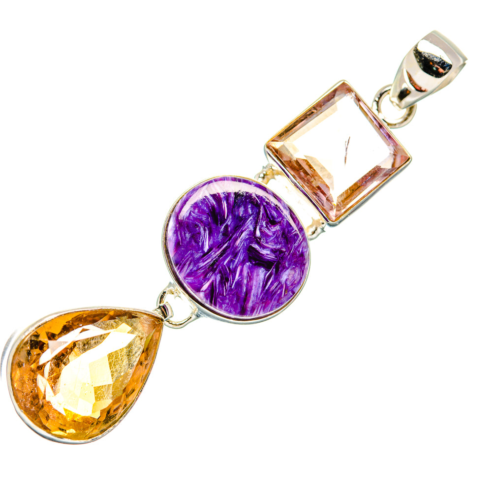 Sterling silver pendant with round purple gemstone, amber pear, and square faceted stone