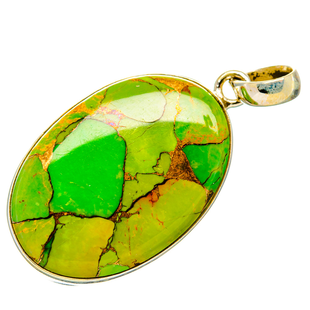 Oval green turquoise pendant with silver bezel and bail, polished green stone center