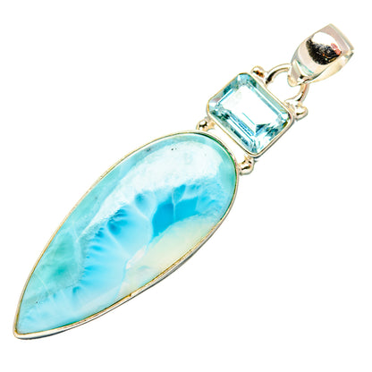 Blue larimar teardrop pendant with square blue topaz detail, 925 silver bail and chain ring