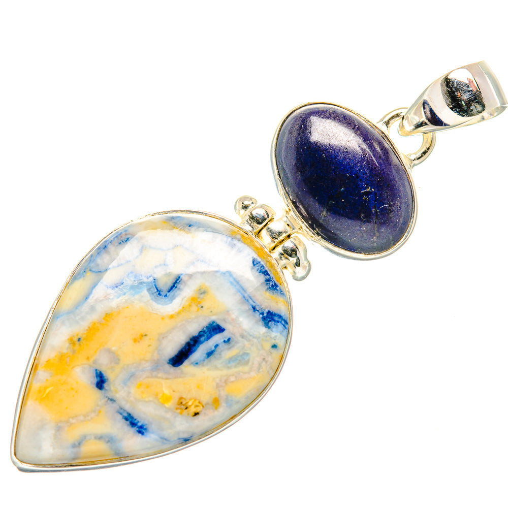 Pear-shaped blue scheelite and black onyx sterling silver pendant with bail loops