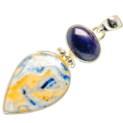 Pear-shaped blue scheelite and black onyx sterling silver pendant with bail loops