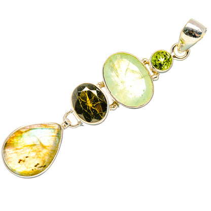 Teardrop gemstone pendant in sterling silver with green round stone and pale green, black drops
