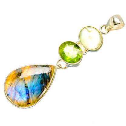 Three-stone sterling silver pendant: blue labradorite, green peridot, pale yellow prehnite