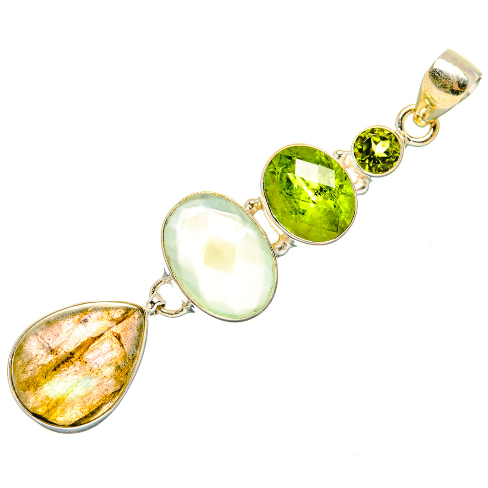 Sterling silver gemstone pendant with green peridot rounds, pale prehnite oval, labradorite drop
