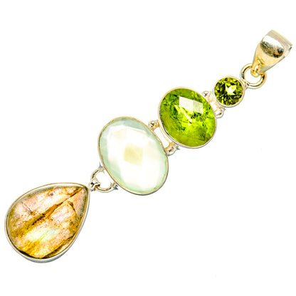 Sterling silver gemstone pendant with green peridot rounds, pale prehnite oval, labradorite drop