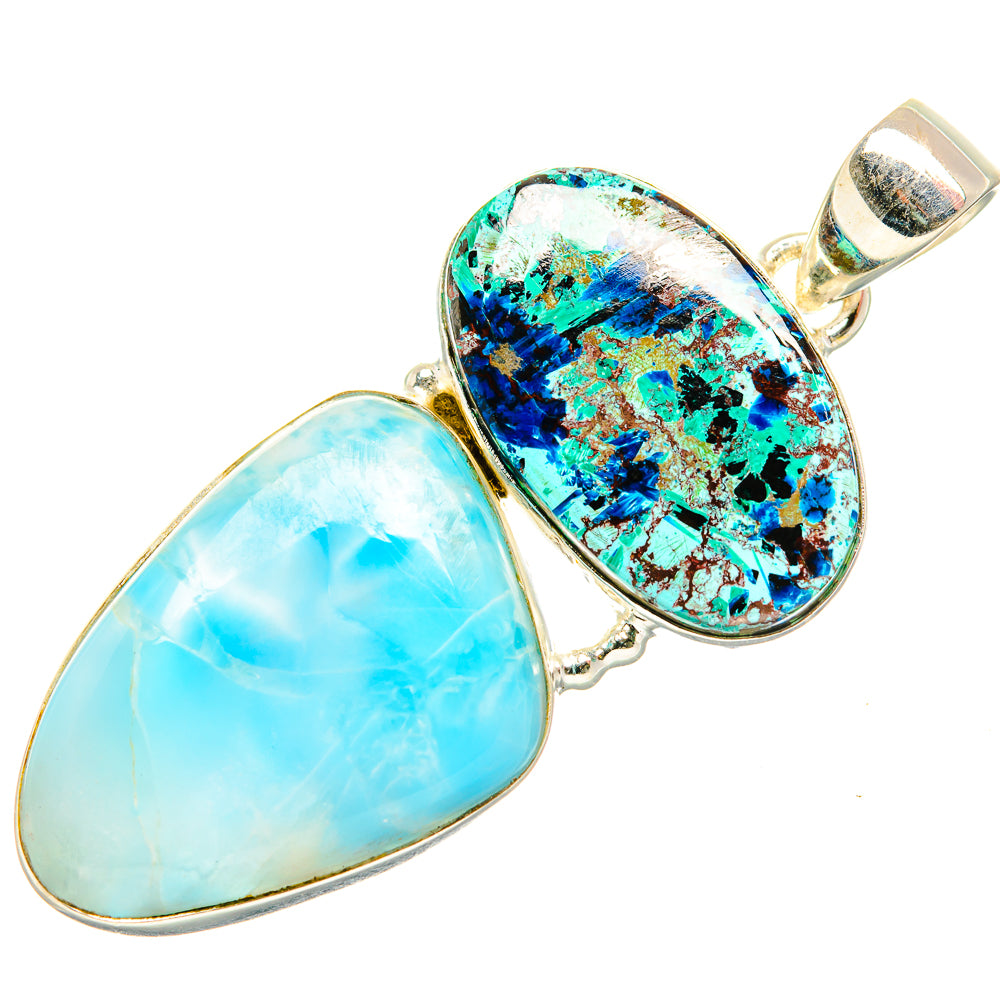 Two-stone teardrop pendant in 925 sterling silver, light blue and blue-green cabochons