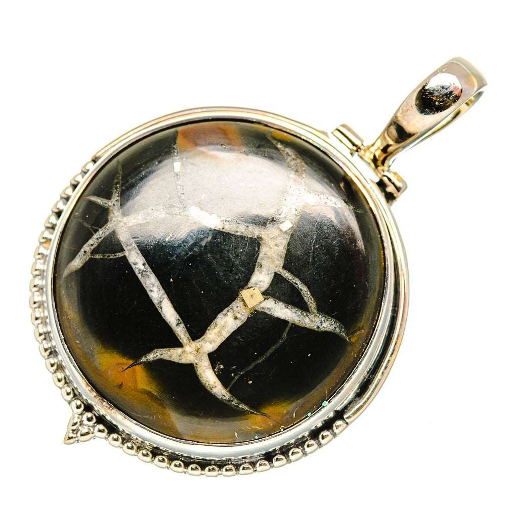 Round black septarian geode pendant with gold veined patterns, sterling silver bail