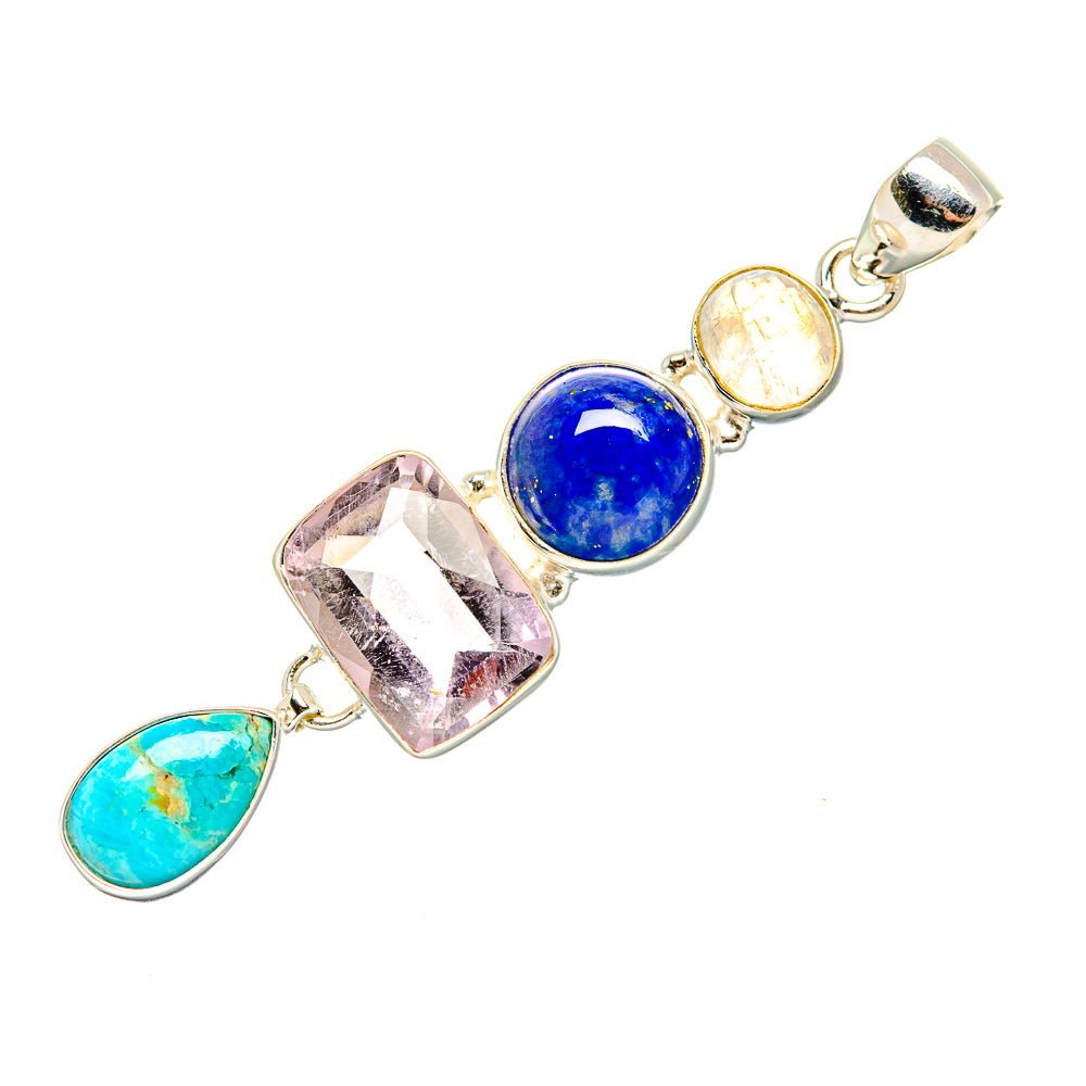 Sterling silver pendant with oval blue stone, purple faceted stone, and turquoise drop