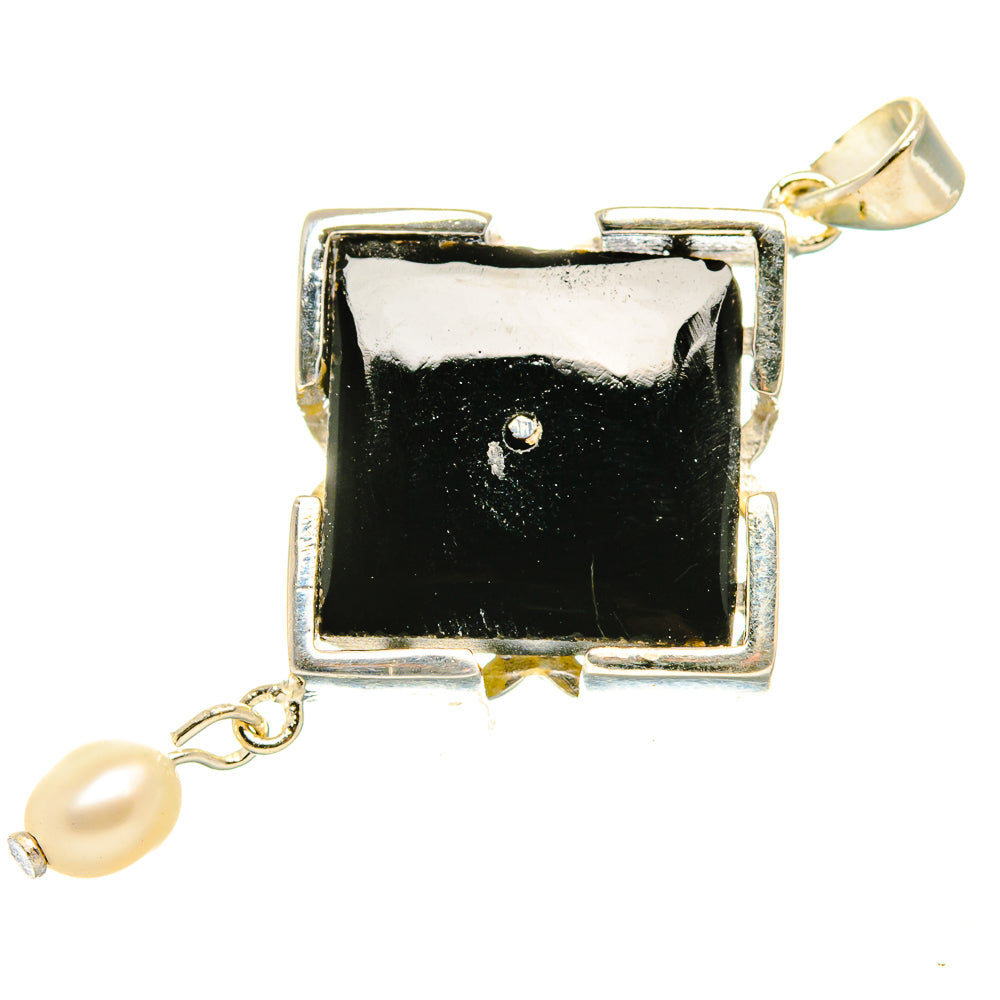 Square black onyx pendant with pearl drop, 925 sterling silver bail and chain link