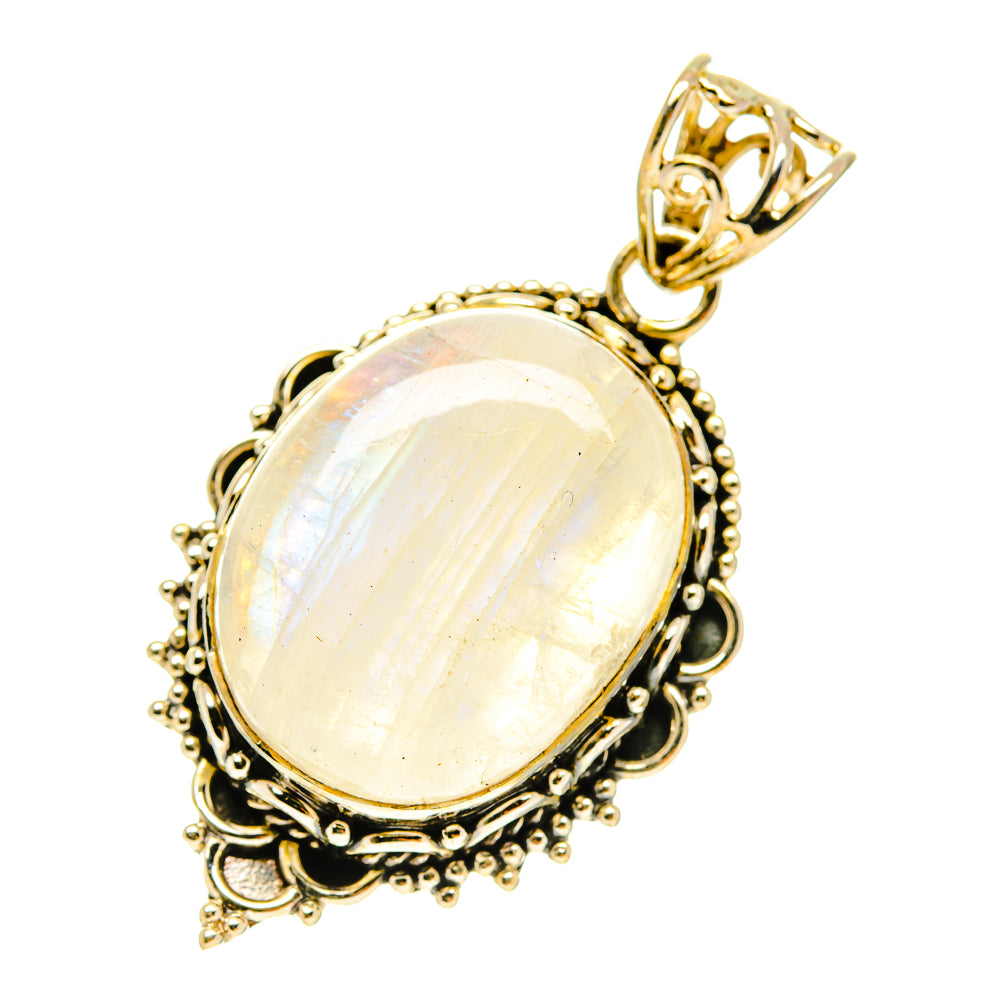 Rainbow moonstone pendant with oval opalescent stone, textured halo bezel