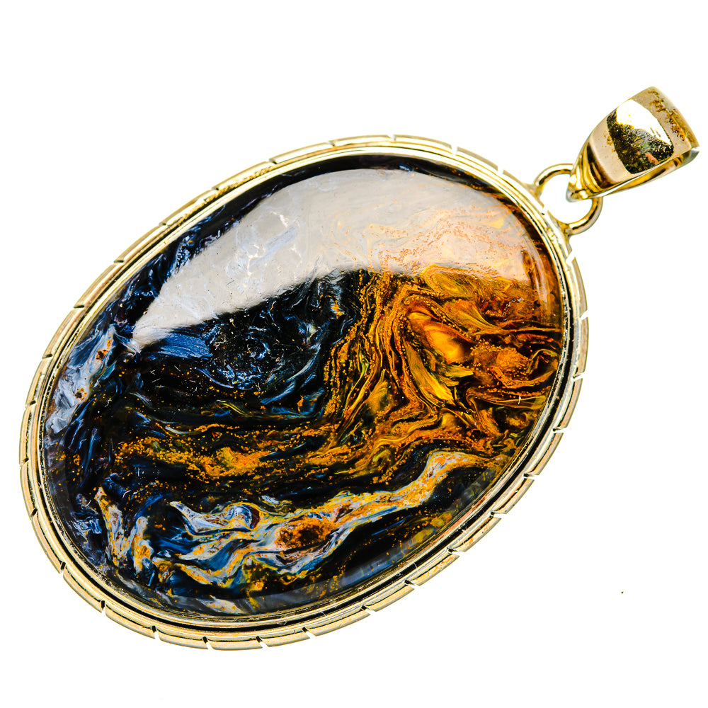 Oval stone pendant with blue-black and gold pietersite pattern; metal frame and loop bail