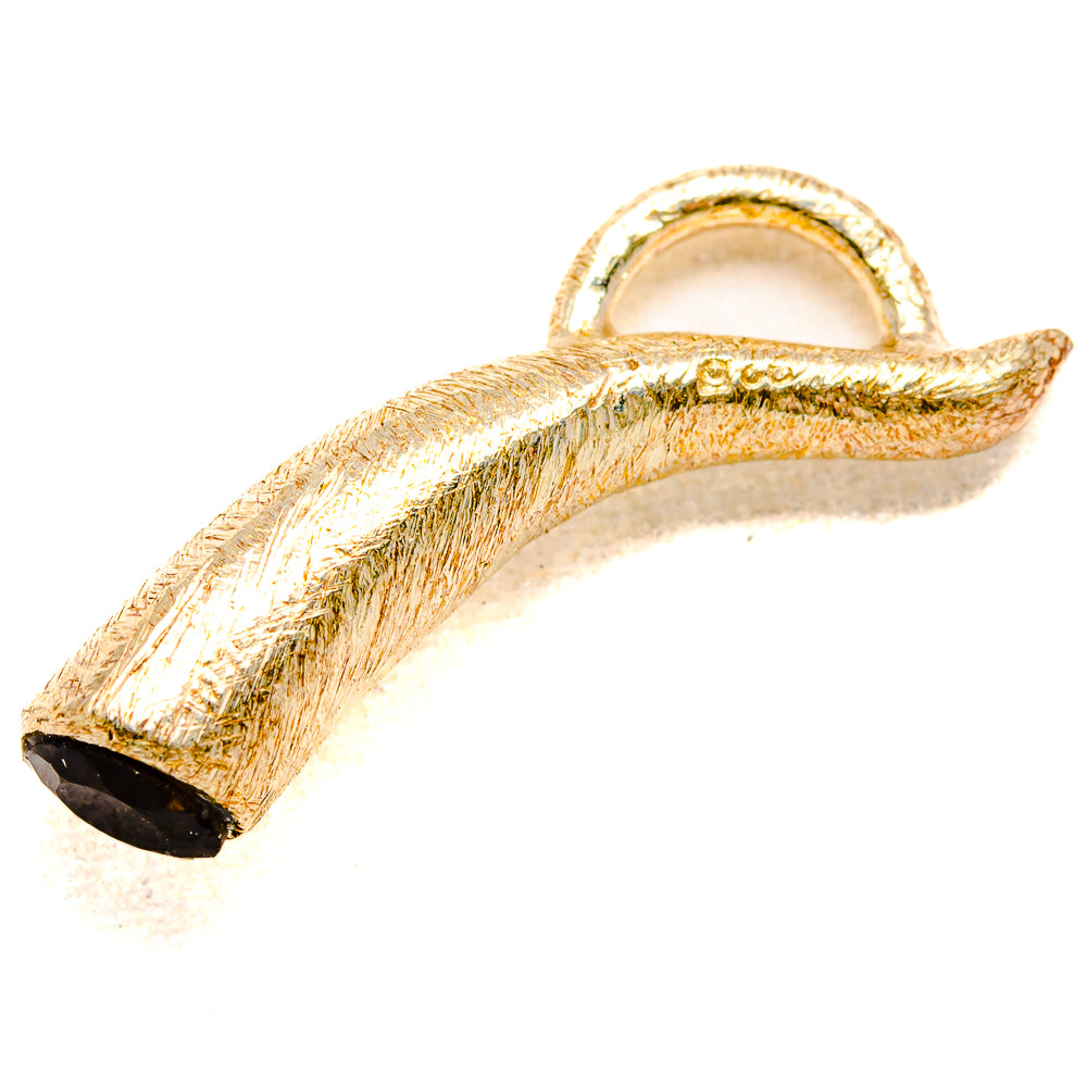 Textured gold-tone leaf pendant with dark oval black onyx stone tip, 925 silver