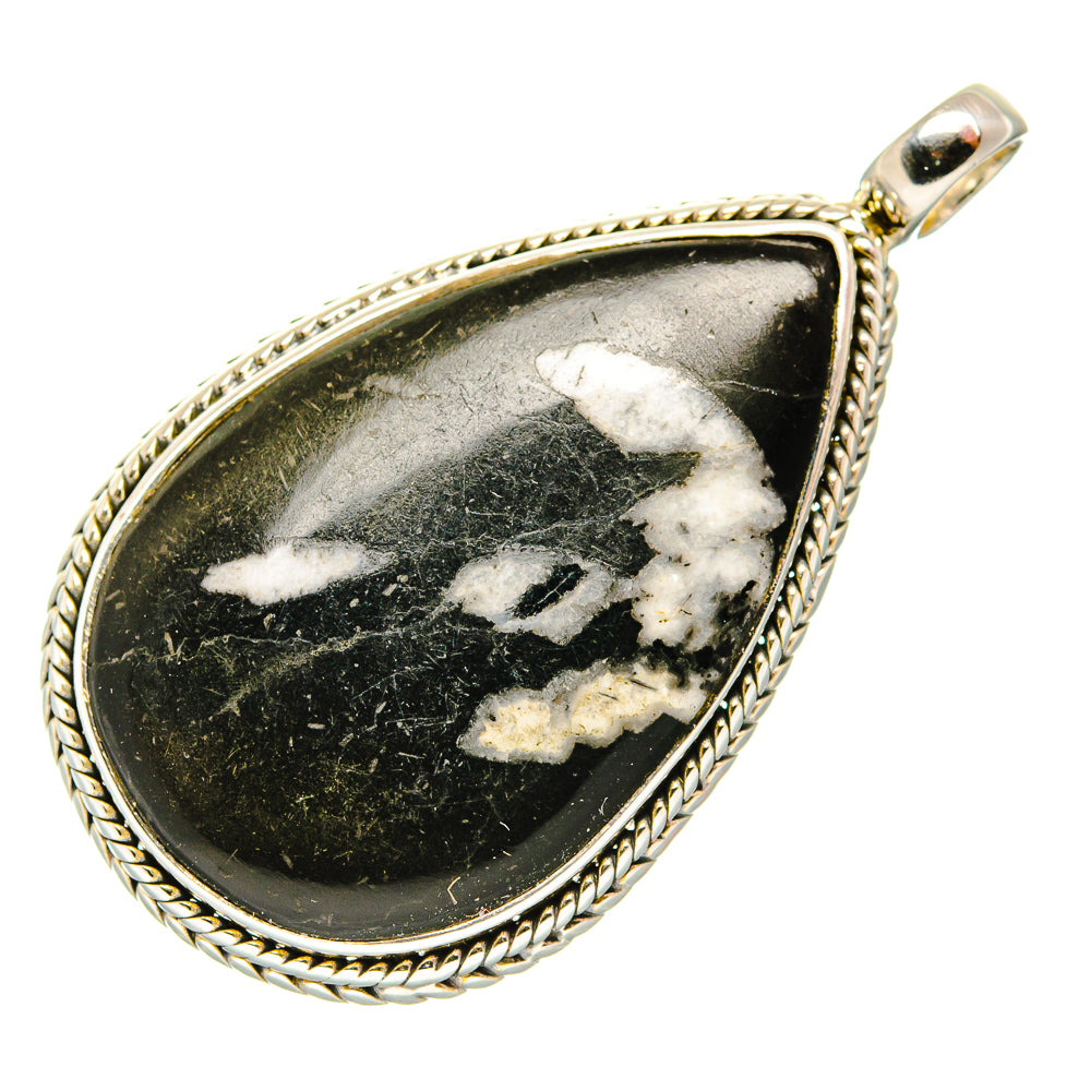 Teardrop black stone pendant with white veining, rope bezel and silver bail