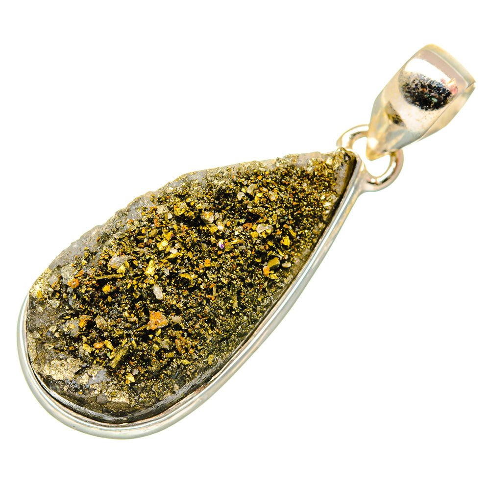 Silver teardrop druzy pendant with gold-toned sparkling stone and top loop bail
