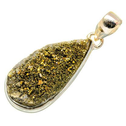 Silver teardrop druzy pendant with gold-toned sparkling stone and top loop bail