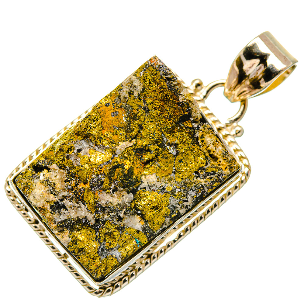 Square rough pyrite pendant with engraved sterling silver border and loop bail