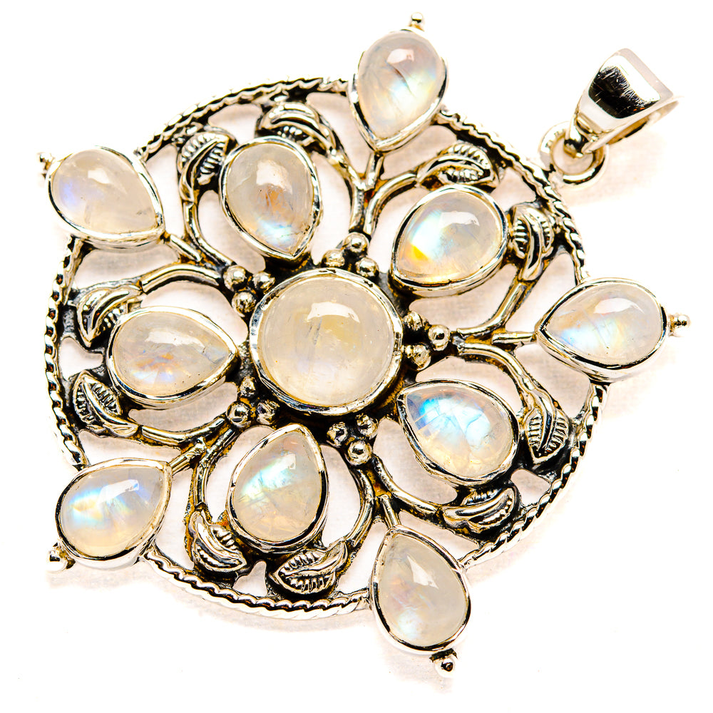 Round opal-like moonstone cabochons pendant with ornate 925 sterling silver setting