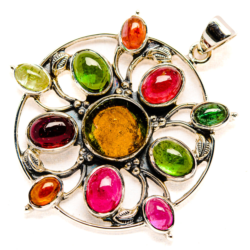 Oval gemstone pendant with round bezel settings in sterling silver, multicolor stones