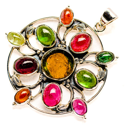 Oval gemstone pendant with round bezel settings in sterling silver, multicolor stones
