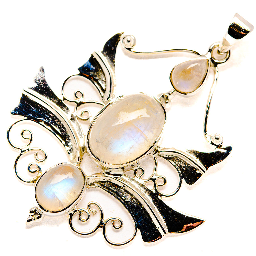 Opalescent moonstone pendant in 925 sterling silver with ornate scroll setting