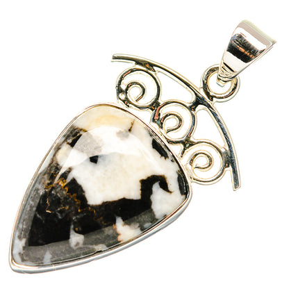 Sterling silver teardrop jasper pendant with scrollwork bail and black-and-white stone