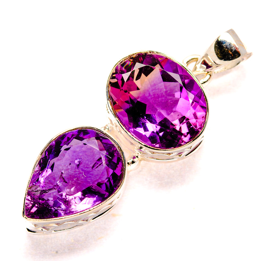 925 sterling silver pendant with faceted purple amethyst pear stones, teardrop bezel setting