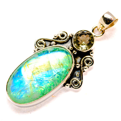 Sterling silver pendant with oval blue-green opal and round green gemstone bail