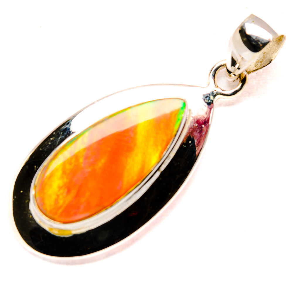 Sterling silver opal pendant with teardrop bezel and iridescent orange opal center
