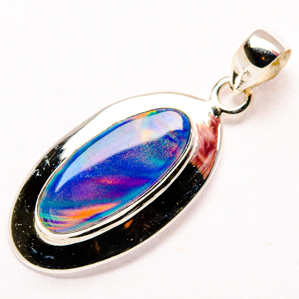 Sterling silver opal teardrop pendant with blue-green iridescent stone bezel