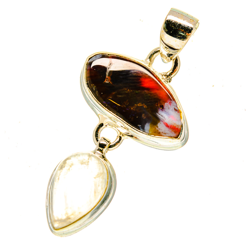 Sterling silver pendant with dark fire agate teardrop and oval opal moonstone charm
