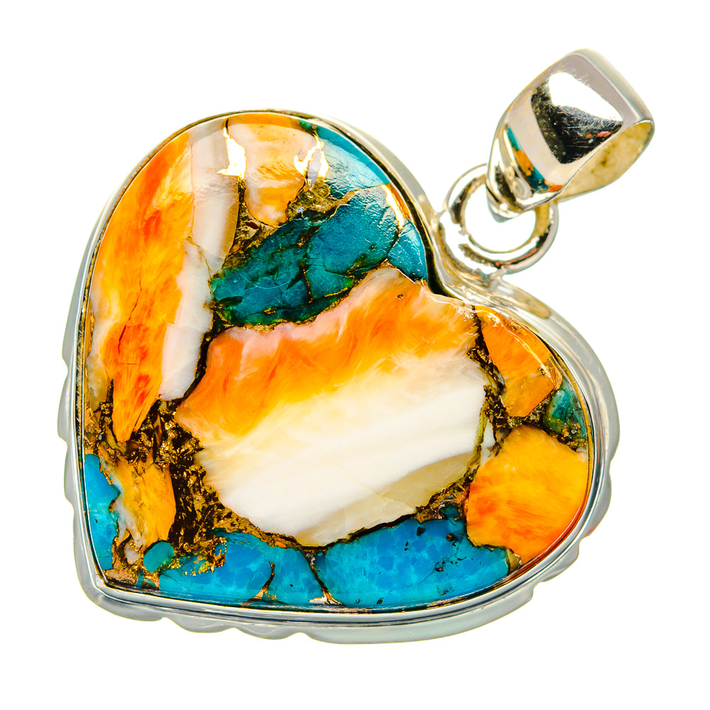 Sterling silver heart pendant with turquoise, orange, and white stone inlay