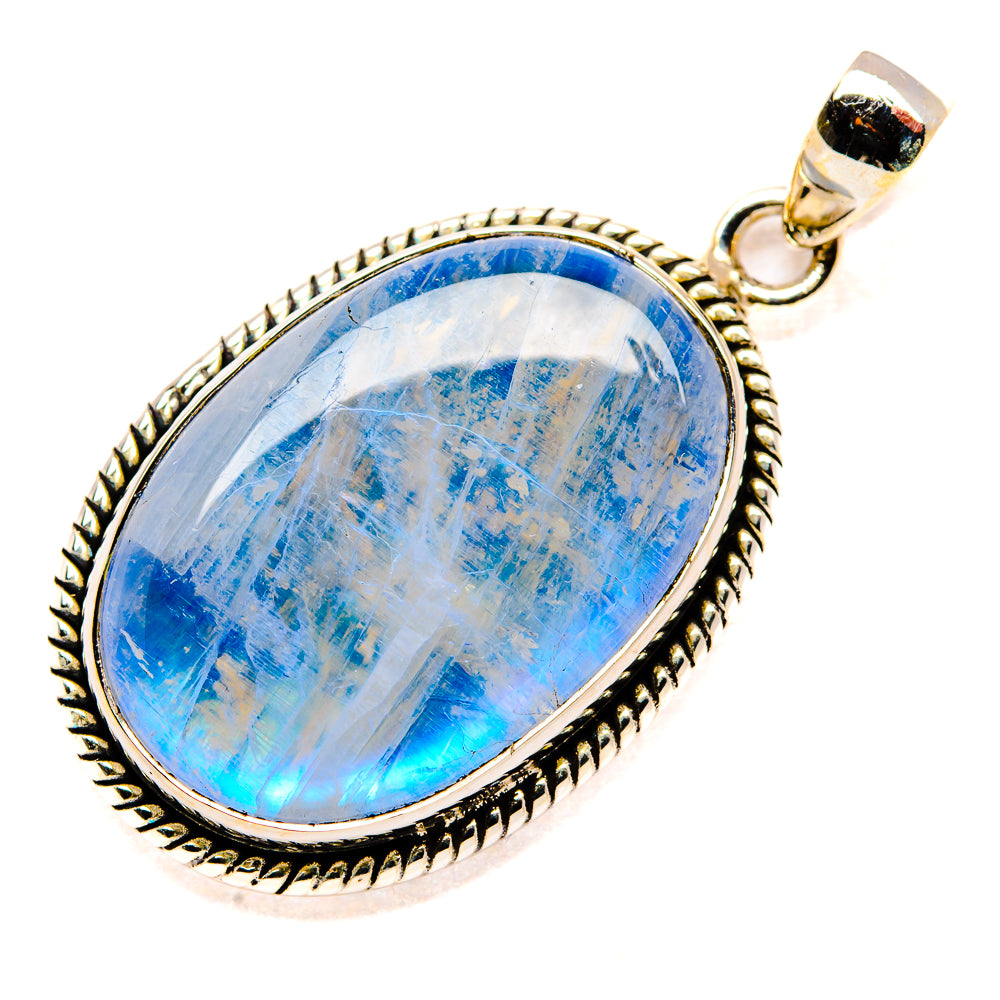 Sterling silver teardrop pendant with blue rainbow moonstone cabochon, scalloped bezel