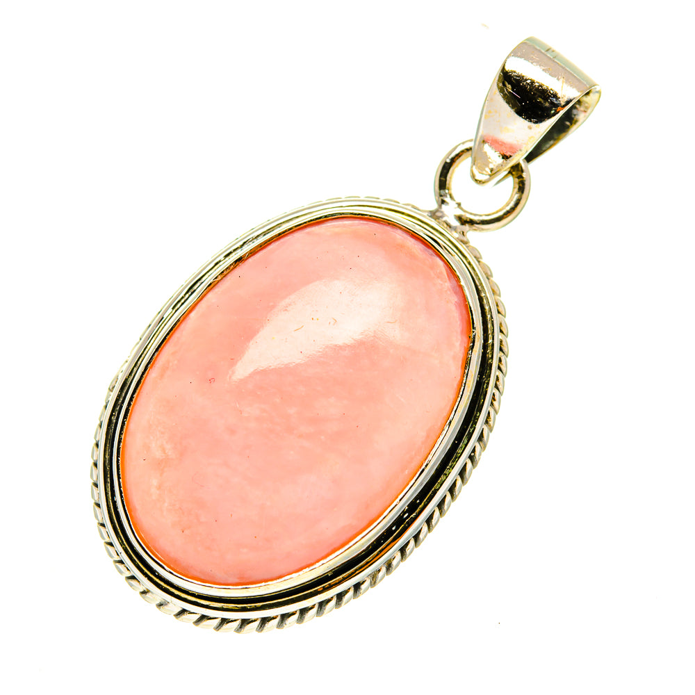 Oval pink opal pendant with engraved silver frame and top bail for necklace