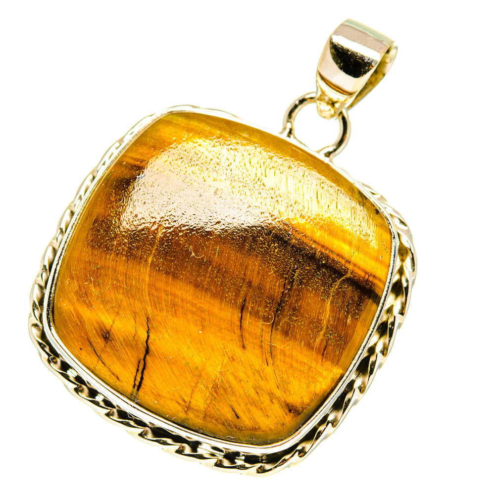Tiger eye pendant, rectangular hammered 925 sterling silver frame with gold-brown cabochon