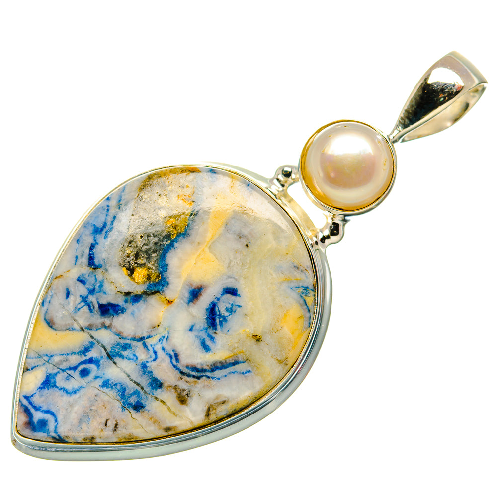 Silver teardrop pendant with blue scheelite stone and cultured pearl at top